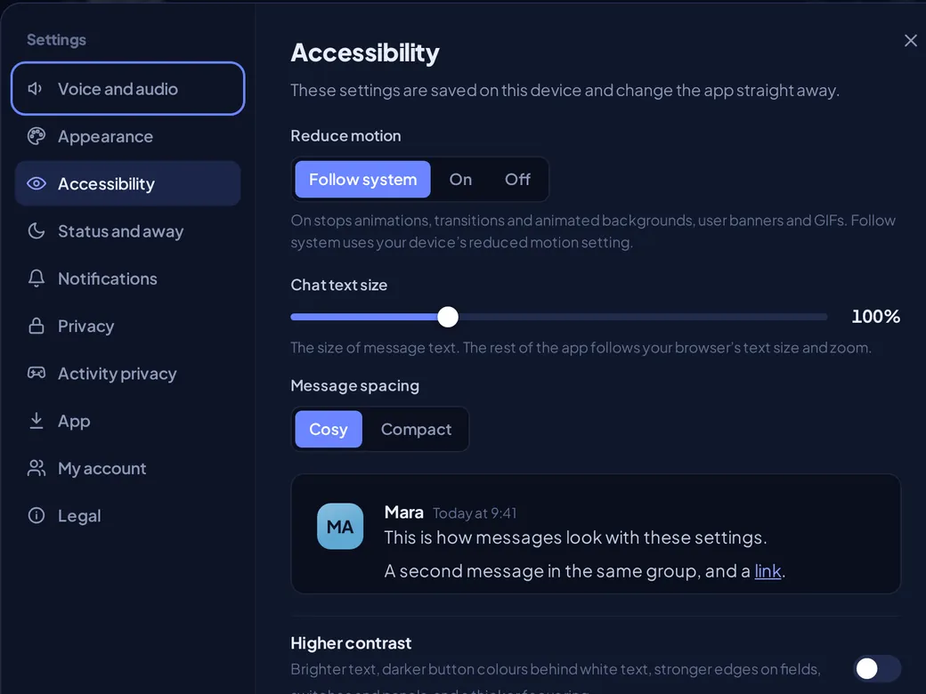 Orbit settings, Accessibility: reduce motion, chat text size, message spacing and a live preview of a message.