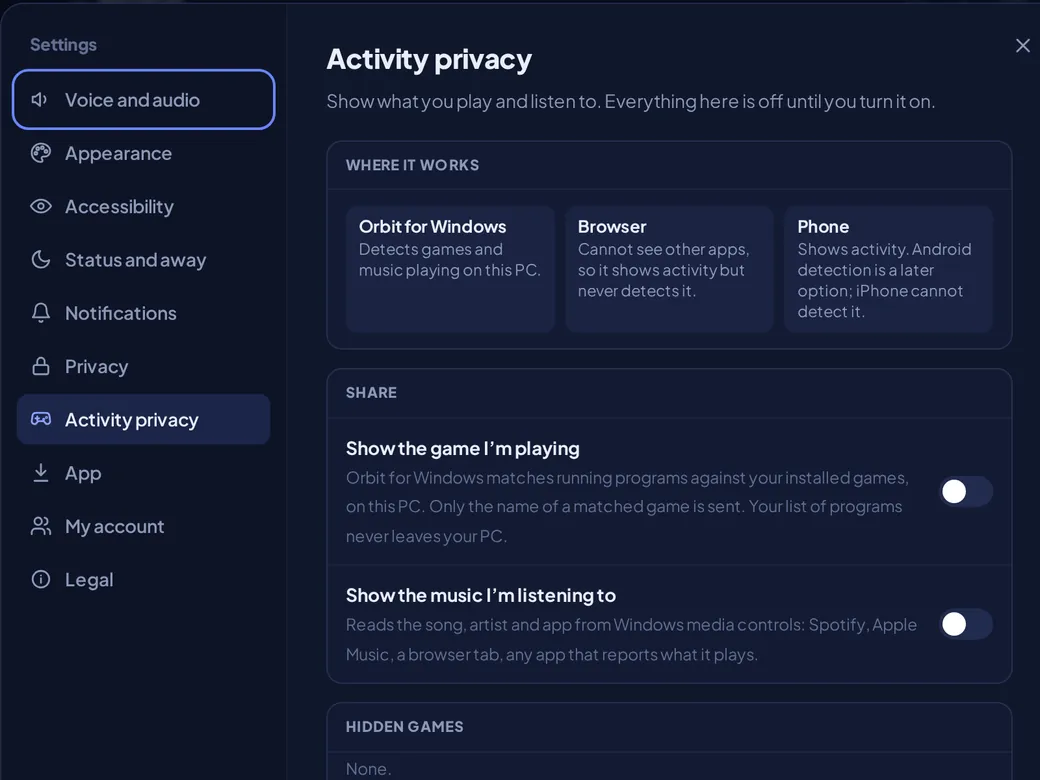 Orbit settings, Activity privacy: where activity comes from, with switches for sharing the game you play and the music you listen to, both off.
