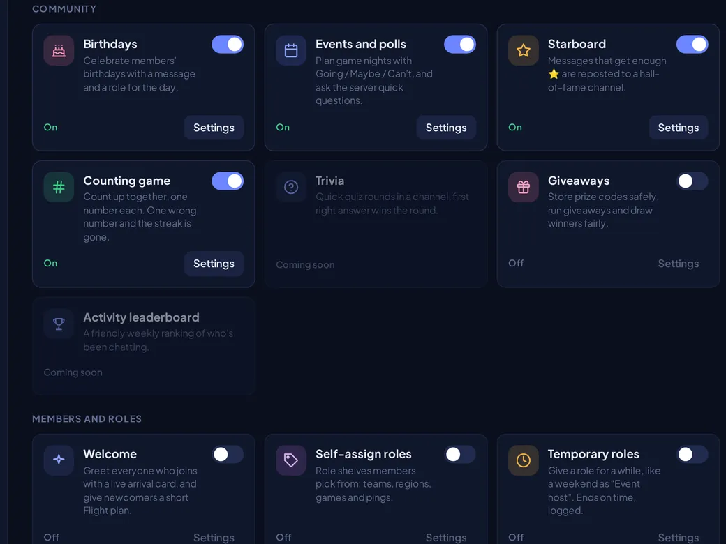 Server settings, Apps: Birthdays, Events and polls, Starboard and Counting game switched on, Giveaways and others ready to turn on.
