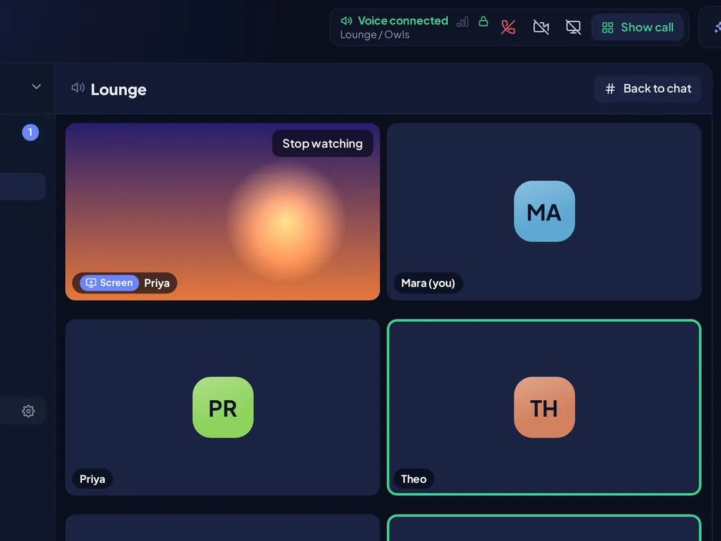 The call screen in an Orbit server: the Voice connected bar with its lock, and a grid of friends in the Lounge, one of them sharing a screen.
