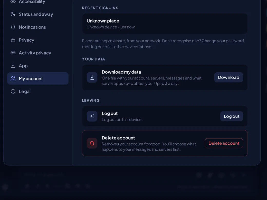 Orbit settings, My account: a Download my data button, Log out, and Delete account.