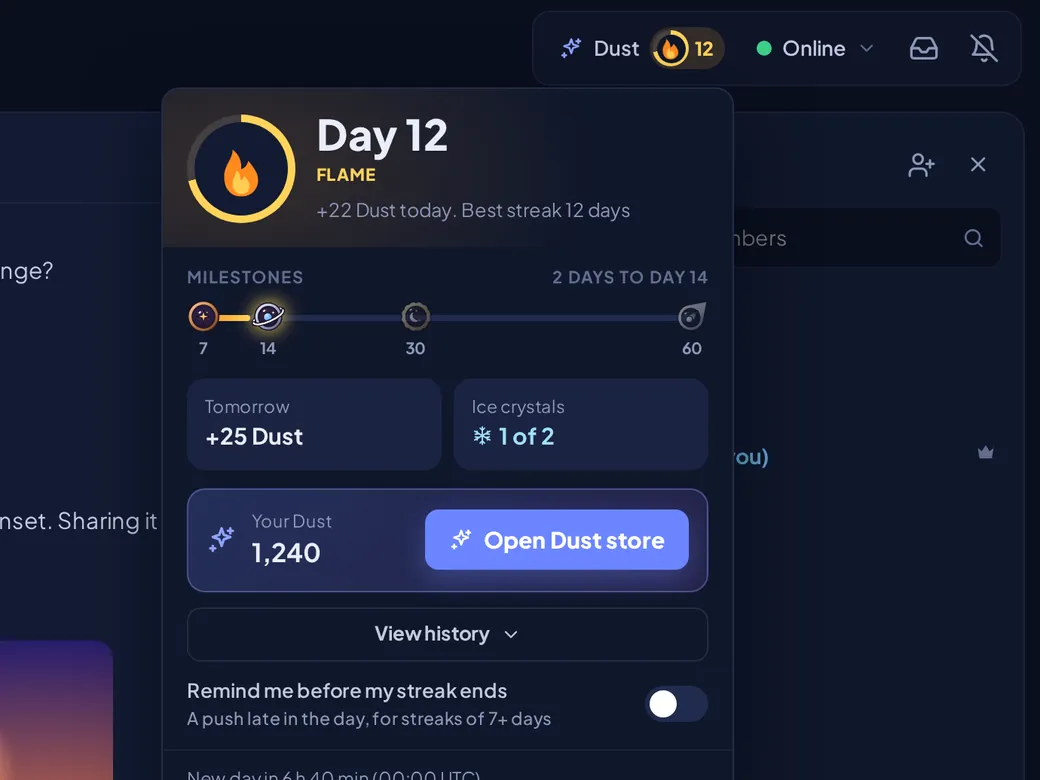 The Dust panel: a 12-day streak, milestones, a balance of 1,240 Dust and an Open Dust store button.