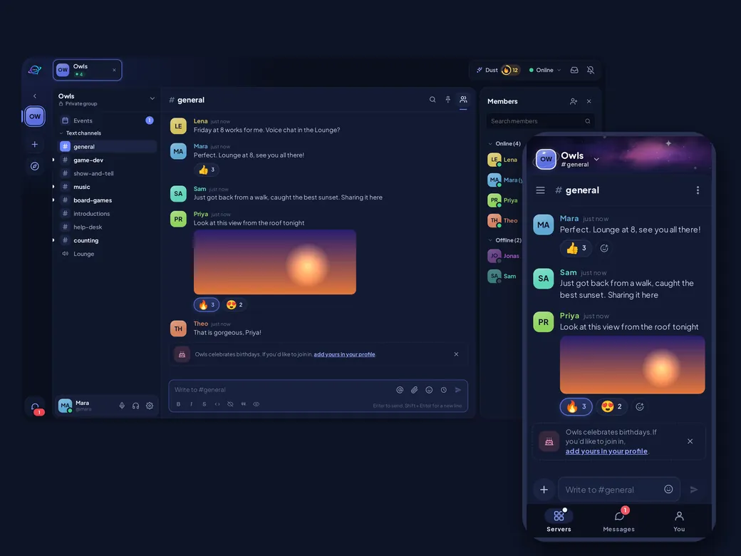 Orbit on a desktop window and on a phone, showing the same server chat.