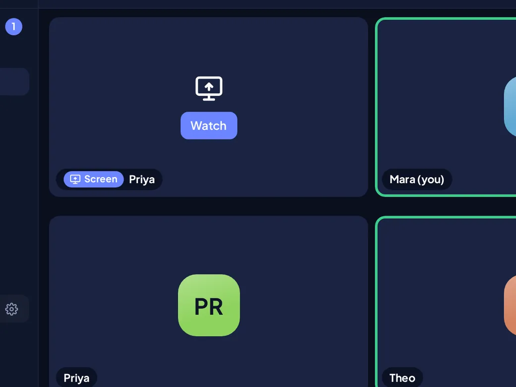 A call with a friend's shared screen waiting behind a Watch button, next to the other people in the call.