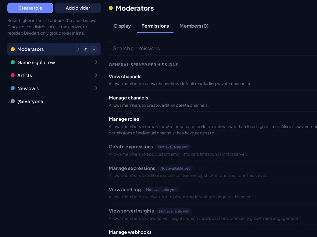 Server settings, Roles: a list of roles such as Moderators and Game night crew, with a switch for each permission.